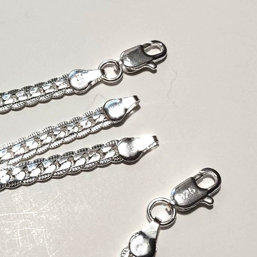 S925 Necklace & Bracelet Sterling Silver Flat Cuban Snake Set Christmas Birthday
